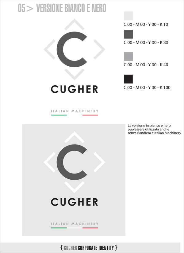 Cugher - Identity Style Guide - Studio del Logotipo pagina - Pagina 05 - Visualizzazione versione bianco e nero Visualizzazione versione bianco e nero