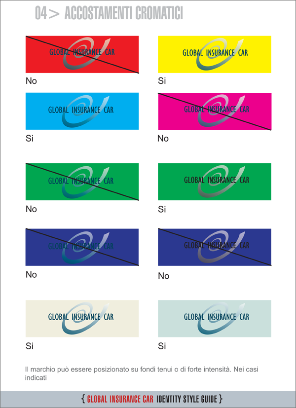 Global_Insurance_Car_Progetto_grafico_Logotipo_Tavola_04_abbinamento_colori Tavola abbinamento con altri colori quando non viene usato il tassello bianco di fondo